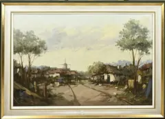 H. Koolen, Dorpsgezicht met windmolen, Olieverf op linnen