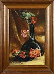 A. Bijljans, Bloemstilleven met fles, 1936, Olieverf op paneel