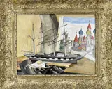Jaap Gidding, Stilleven met modelschip + Russische kerk, Olieverf op linnen