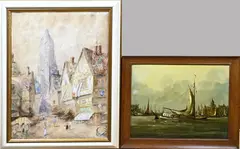 Twee oude schilderijen, Stadsgezicht/Haven, Blandfort? Aquarel