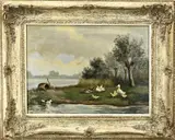 H.J. Bijvank, Eendenfamilie aan de waterkant, Olieverf op linnen