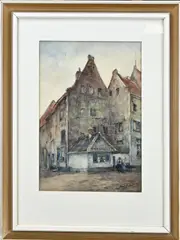 B.H. Bolink, Dorpsstraat met figuren, Aquarel op papier