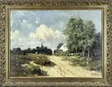 G.H. de Groot, Landschap met boerderij en kerktoren, Olieverf op linnen