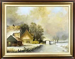 Wim Riem, Hollands wintergezicht met boerderij, Olieverf op paneel
