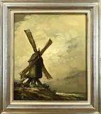 Onduidelijk gesigneerd, Windmolen bij avond, Olieverf op linnen