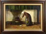 H. van Langen, Boerenvrouw bij haardplaats, Olieverf op linnen