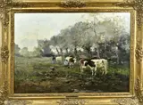 Landschap met knotwilgen, koeien en melkende boer by Willem George Frederik Jansen, Olieverf op linnen, offered Oct 2023