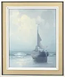 Henk Dekker, Platbodem met visser op strand, Olieverf op linnen