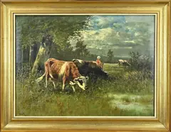 Landschap met koeien en boerin by Willem Frederik Hulk, Olieverf op linnen, offered Oct 2023