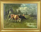 Willem Frederik Hulk, Landschap met koeien en boerin, Olieverf op linnen