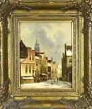 G. v & d Woude, Winters stadsgezicht Enkhuizen, Olieverf op paneel