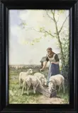 Henk Leurs, Herderin voert schapen, Aquarel op papier