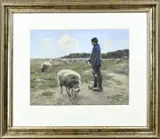 Boer met schapen by Willem Steelink, Aquarel op papier, offered Oct 2023