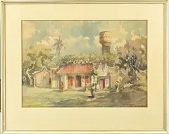 Frits Ohl, Indonesisch dorp, Aquarel op papier