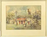 Frits Ohl, Indonesisch dorp, Aquarel op papier