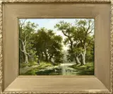 Ferdinand Carl Sierich, Bosbeek met eenden en wandelaar, Olieverf op linnen