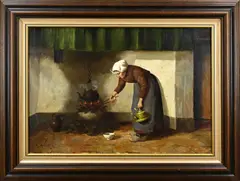 H. van Langen, Boerenvrouw bij haardplaats, Olieverf op linnen