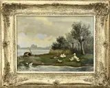 H.J. Bijvank, Eendenfamilie aan de waterkant, Olieverf op linnen