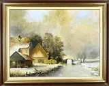 Wim Riem, Winters bosgezicht met paardenwagen, Olieverf op paneel