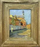 Fransisco Laporta, Zonnige dorpstraat met kerk, Olieverf op linnen