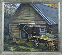 Russische School, Paardenkar bij blokhut, 1992, Olieverf op linnen