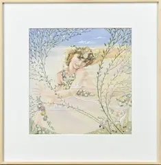 Rinze Hamstra, Vrouw + lammetjes in lente, Aquarel op papier