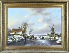 Fred Arends, Romantische ijspret met koek en zopie, Olieverf op paneel