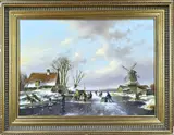 Fred Arends, Romantische ijspret met koek en zopie, Olieverf op paneel