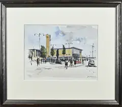Jan Korthals, Treinstation, Aquarel op papier