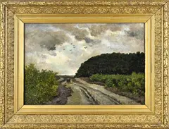 Bernardus Arps, Landschap met zandpad en paardenkar, Olieverf op paneel