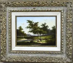 Jan Evert Morel, Hollands landschap met vee en figuren, Olieverf op paneel