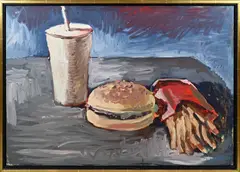 Peter Klashorst, Stilleven met hamburger, milkshake en French fries, Olieverf op paneel
