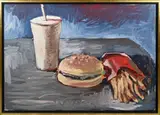 Peter Klashorst, Stilleven met hamburger, milkshake en French fries, Olieverf op paneel