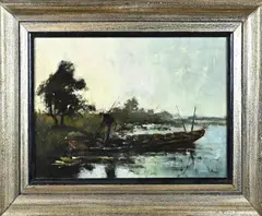 Frans Hoos, Landschap met punter, Olieverf op linnen