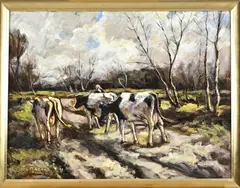 Ton Anconé, Boer met terugkerende koeien, Olieverf op paneel
