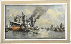 Joop Molenaar, Havengezicht Rotterdam, Olieverf op linnen