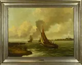 W. Heekelaar, Riviergezicht met zeilboten, Olieverf op linnen