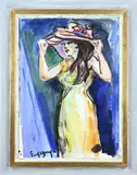 F. v.d. Berg, Dame met hoed, Aquarel op papier