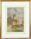 Jan van Couver, Haven met molen en figuren, Aquarel op papier