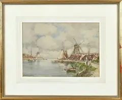 Haven met molen en figuren by Jan van Couver, Aquarel op papier, offered Jul 2023