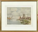 Jan van Couver, Haven met molen en figuren, Aquarel op papier
