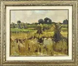 L. v.d. Steen, Landschap met ven en korenschoven, Olieverf op linnen