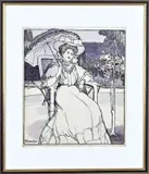 F. Clementson, Dame met parasol, Gemengde techniek op papier