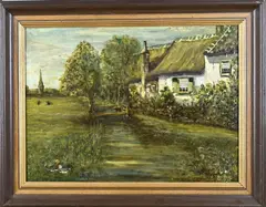 Monogram A.G.H., Boerderij met zonnebloemen, Olieverf op linnen
