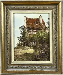 Onduid. gesig., Huis met figuren op terras, Olieverf op paneel