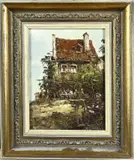 Onduid. gesig., Huis met figuren op terras, Olieverf op paneel