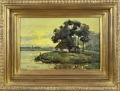 H. Van Leeuwen, Riviergezicht met boerderij, Olieverf op linnen