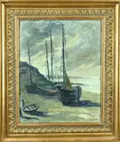 Louis Martinage, Vissersboten op strand, Olieverf op karton