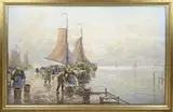 Hans Richter-Johannsen, Vissersvolk aan het vis ontladen, Olieverf op linnen