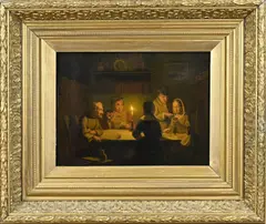 Onduid. gesig., Boeren interieur, figuren bij kaarslicht, Olieverf op paneel